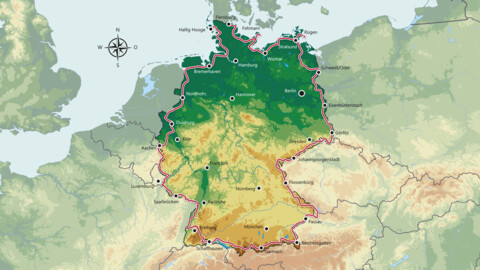 Karte der Route von 360° Deutschland entlang aller Küsten und Grenzen